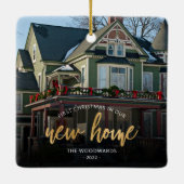 Erste Weihnachten Neue Zuhause Gold Script Foto Sq Keramikornament (Rückseite)
