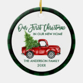 Erste Weihnachten Neue Zuhause Truck Green Kariert Keramik Ornament (Hinten)