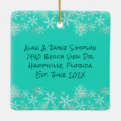 Erste Weihnachten Neue Zuhause Türkis Snowflakes Keramikornament (Rückseite)