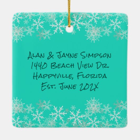 Erste Weihnachten Neue Zuhause Türkis Snowflakes Keramikornament (Rückseite)