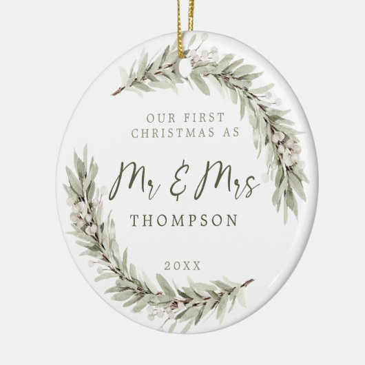 Erste Weihnachten Newlyweds Sage Greenery Keramik Ornament (Links)