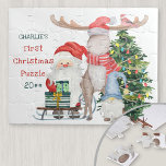 Erste Weihnachten Niedlich Santa & Helfer Personal Puzzle<br><div class="desc">Personalisiertes Puzzle für die ersten Weihnachten eines kleinen Jungen oder Mädchens. Das Design umfasst den Weihnachtsmann und seine Helfer,  einen dekorierten Weihnachtsbaum,  einen Gnome und einen Schlitten mit Geschenkverpackungen. Der Wortlaut lautet "[name's] First Christmas Puzzle [year]" und die Vorlage ist für Sie bereit zum Set anpassen.</div>