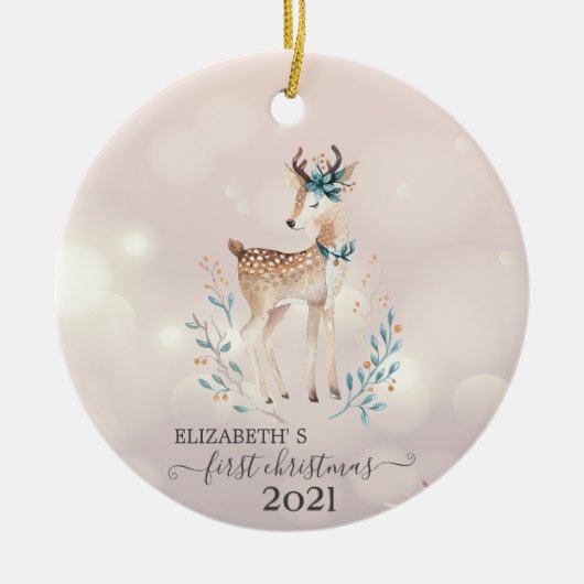 Erste Weihnachten, Niedlicher Hirschurlaub Keramik Ornament (Vorne)