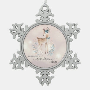 Erste Weihnachten, Niedlicher Hirschurlaub Schneeflocken Zinn-Ornament