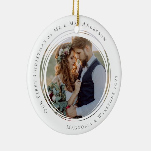 Erste Weihnachten Verheiratet als Mr. & Mrs. Foto Keramik Ornament (Rechts)