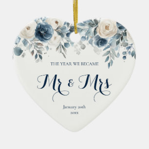 Erste Weihnachten Verheiratet Blue Floral Mr. und  Keramik Ornament