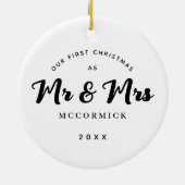 Erste Weihnachten Verheiratet Mr. and Mrs. Script Keramik Ornament (Hinten)