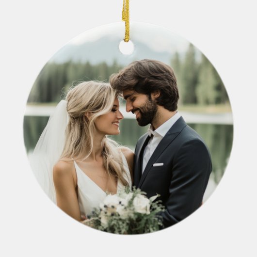 Erste Weihnachten Verheiratet Mr. & Mrs. Foto Keramik Ornament (Hinten)