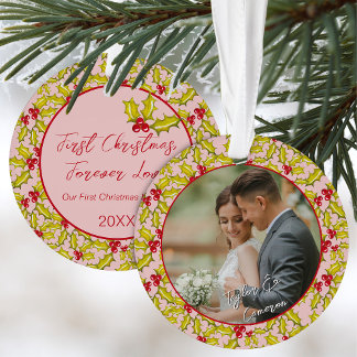 Erste Weihnachten Verheiratet Rosa Red Fuples Foto Ornament