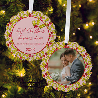 Erste Weihnachten Verheiratet Rosa Red Fuples Foto Ornament Karte