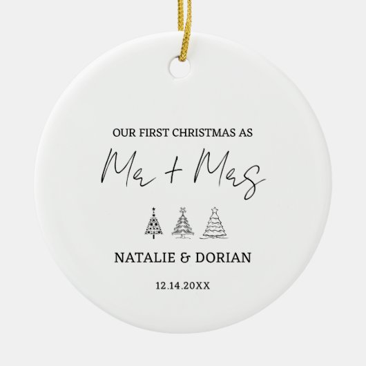 Erste Weihnachten Verheiratete Mr. and Mrs. Tree C Keramik Ornament (Vorne)