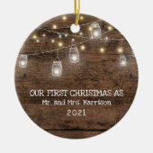 Erste Weihnachten Verheiratetes Foto Rustikale Str Keramik Ornament (Vorne)