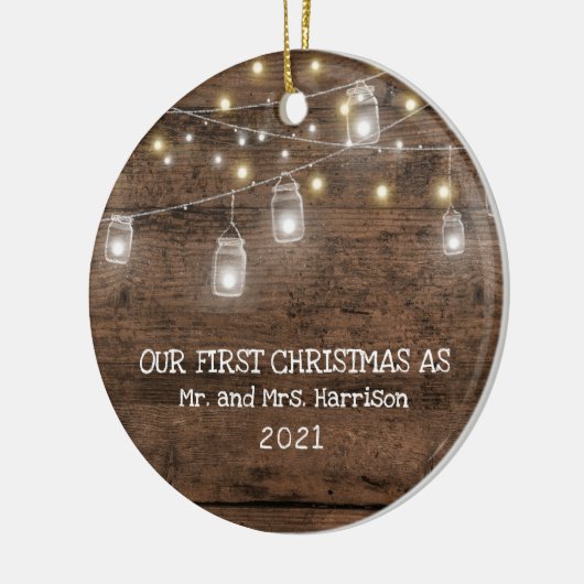 Erste Weihnachten Verheiratetes Foto Rustikale Str Keramik Ornament (Links)