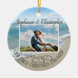 Erste Weihnachten Verlobt Beach Hearts Couple Foto Keramik Ornament