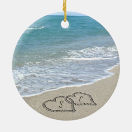 Erste Weihnachten Verlobt Beach Hearts Couple Foto Keramik Ornament (Hinten)