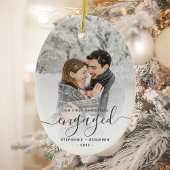 Erste Weihnachten Verlobte Custom Foto Grau Script Keramik Ornament