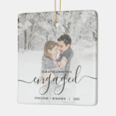Erste Weihnachten Verlobte Custom Foto Grau Script Keramikornament (Links)