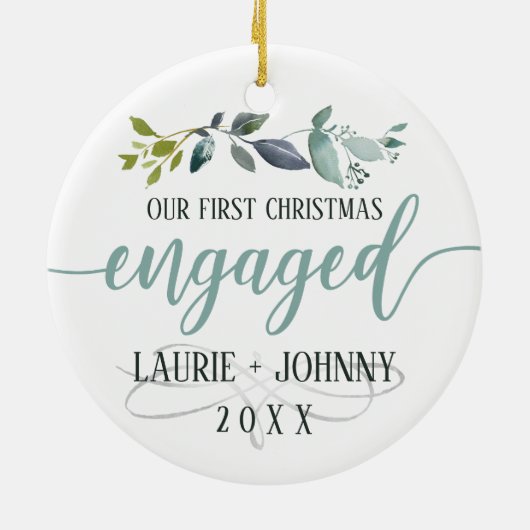 Erste Weihnachten Verlobte Wasserfarben Laurel Blä Keramik Ornament (Hinten)