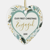 Erste Weihnachten Verlobten Paar Foto Gold Herz Keramik Ornament (Rechts)