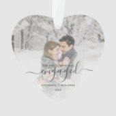 Erste Weihnachten Verlobtes Foto Grau Script Herz Ornament (Rückseite)