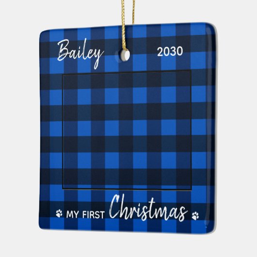 Erste Weihnachten Welpe Blue Kariert Dog Pet Foto Keramikornament (Links)