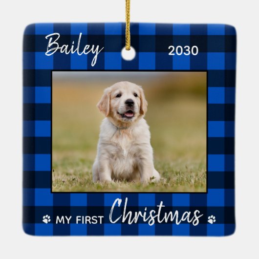 Erste Weihnachten Welpe Blue Kariert Dog Pet Foto Keramikornament (Rückseite)