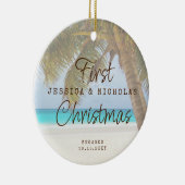 Erste Weihnachts Beach Verlobung Palm Tree Keramik Keramik Ornament (Rechts)