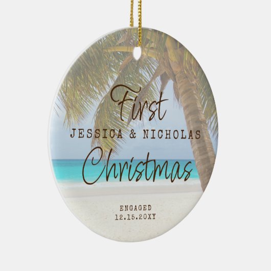 Erste Weihnachts Beach Verlobung Palm Tree Keramik Keramik Ornament (Rechts)
