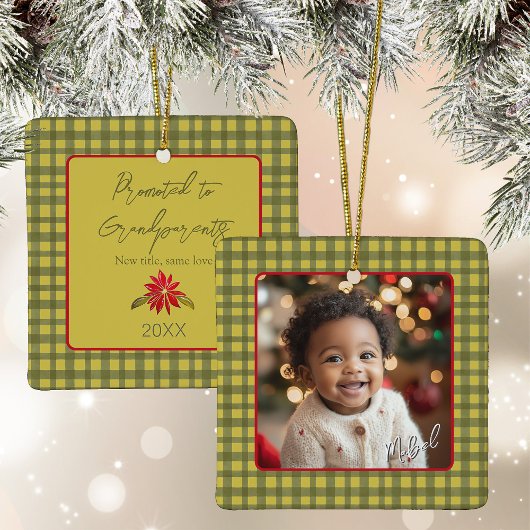 Erste Weihnachts-Großeltern Foto Green Gingham Keramikornament