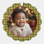 Erste Weihnachts-Großeltern Foto Green Gingham Ornament Karte (Vorderseite)