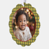 Erste Weihnachts-Großeltern Foto Green Gingham Ornament Karte (Links)