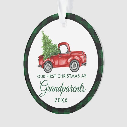 Erste Weihnachts-Großeltern Truck Green Kariert Ornament (Vorderseite)
