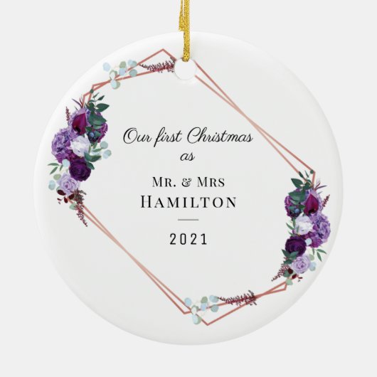 Erste Weihnachts Lila Rahmen mit geometrischer For Keramik Ornament (Hinten)