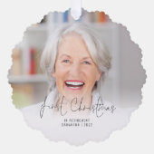 Erste Weihnachts-Nachname Jahr-Foto-Overlay Ornament Karte (Vorderseite)