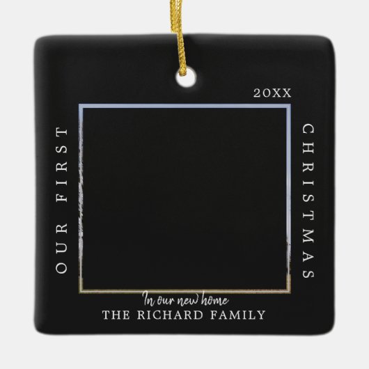Erste Weihnachts Neue Zuhause Custom Black Foto Keramikornament (Vorderseite)