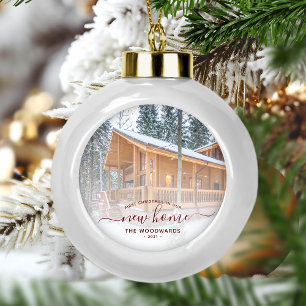 Erste Weihnachts Neue Zuhause Custom Foto Red Scri Keramik Kugel-Ornament