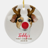 Erste Weihnachts-niedliche Hunde Foto Typografie Keramik Ornament (Hinten)