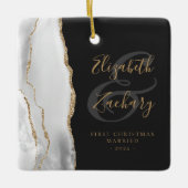 Erste Weihnachts Verheiratet Grau Agate Gold Scrip Keramikornament (Vorderseite)