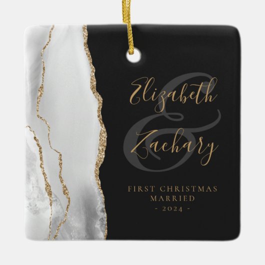 Erste Weihnachts Verheiratet Grau Agate Gold Scrip Keramikornament (Vorderseite)