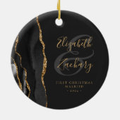 Erste Weihnachts-Verheiratete Black Agate Gold-Scr Keramik Ornament (Hinten)