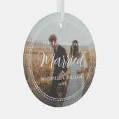 Erste Weihnachts-Verheiratete Script-Overlay-Foto Ornament Aus Glas (Vorderseite Rechts)