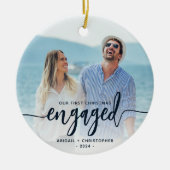 Erste Weihnachts Verlobt Foto Navy Blue Script Keramik Ornament (Vorne)