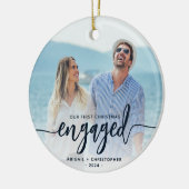 Erste Weihnachts Verlobt Foto Navy Blue Script Keramik Ornament (Links)