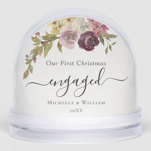 Erste Weihnachts-Verlobte Blumenmonogramm-Foto Schneekugeln (Vorderseite)