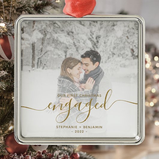 Erste Weihnachts Verlobte Custom Foto Gold Script Ornament Aus Metall