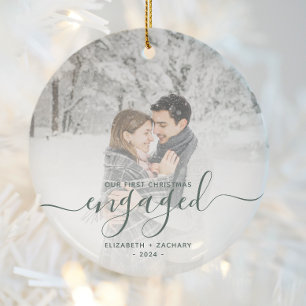 Erste Weihnachts Verlobte Custom Foto Green Script Keramik Ornament