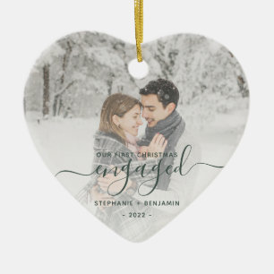 Erste Weihnachts Verlobte Custom Foto Green Script Keramik Ornament