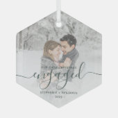 Erste Weihnachts Verlobte Custom Foto Green Script Ornament Aus Glas (Vorderseite)