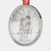 Erste Weihnachts Verlobte Custom Foto Green Script Ornament Aus Metall (Links)