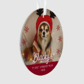 Erste Weihnachts Welpe Foto Rote Schneeflocken Ornament (Vorderseite)
